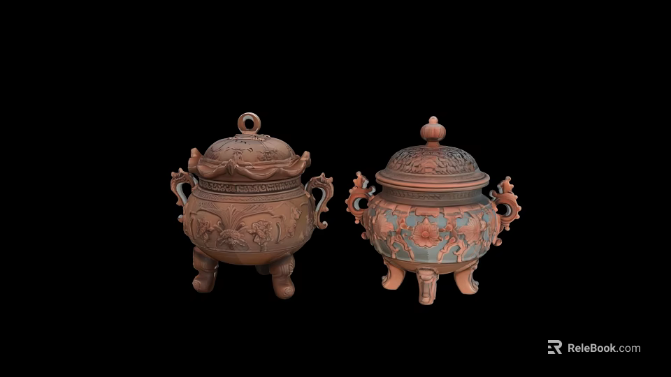 Traditional Landscape Sculptures with Intricate Carvings Ornate Lids and Decorative Handles 3d model 