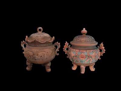 Traditional Landscape Sculptures with Intricate Carvings Ornate Lids and Decorative Handles 3d model