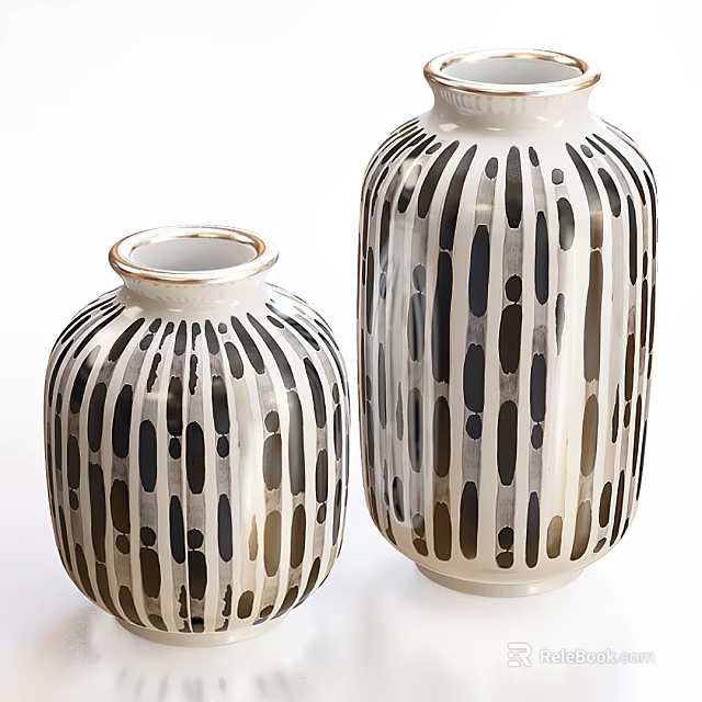 Modern Ceramic Vases With Black And Brown Vertical Stripe Patterns For Home Decoration 3d model 