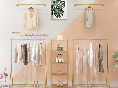 Golden Metal Display Racks With Clothing Hangers Handbags And Shoes On Shelves 3d model