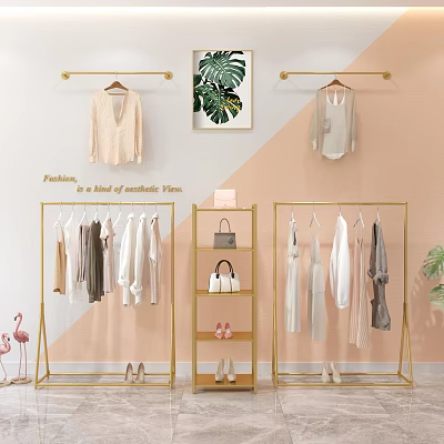 Golden Metal Display Racks With Clothing Hangers Handbags And Shoes On Shelves 3d model