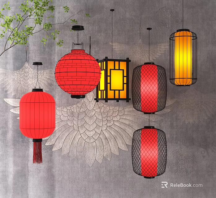 Red Hanging Lanterns With Yellow Light And Traditional Chinese Design For Decorative Wall 3d model 