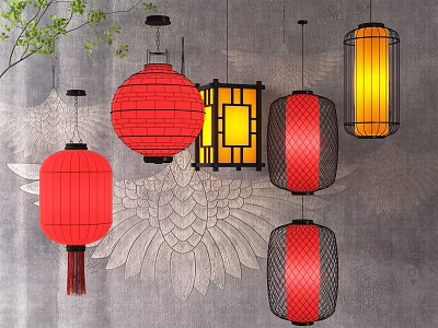Red Hanging Lanterns With Yellow Light And Traditional Chinese Design For Decorative Wall 3d model