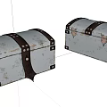 Two Distressed Vintage White Trunks With Black Leather Straps And Rivets