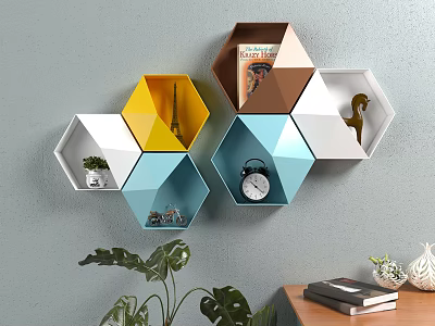 Colorful Hexagonal Wall Cabinets on Gray Wall with Eiffel Tower Clock Plants and Decorative Items 3d model