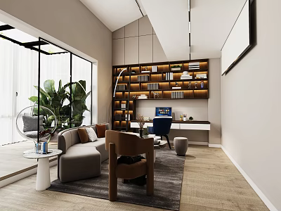 Modern Entertainment Room Interior With Sofa Chair Bookshelf And Floor to Ceiling Windows 3d model