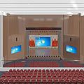 Spacious Auditorium Interior With Red Seats Two Levels And Wooden Walls