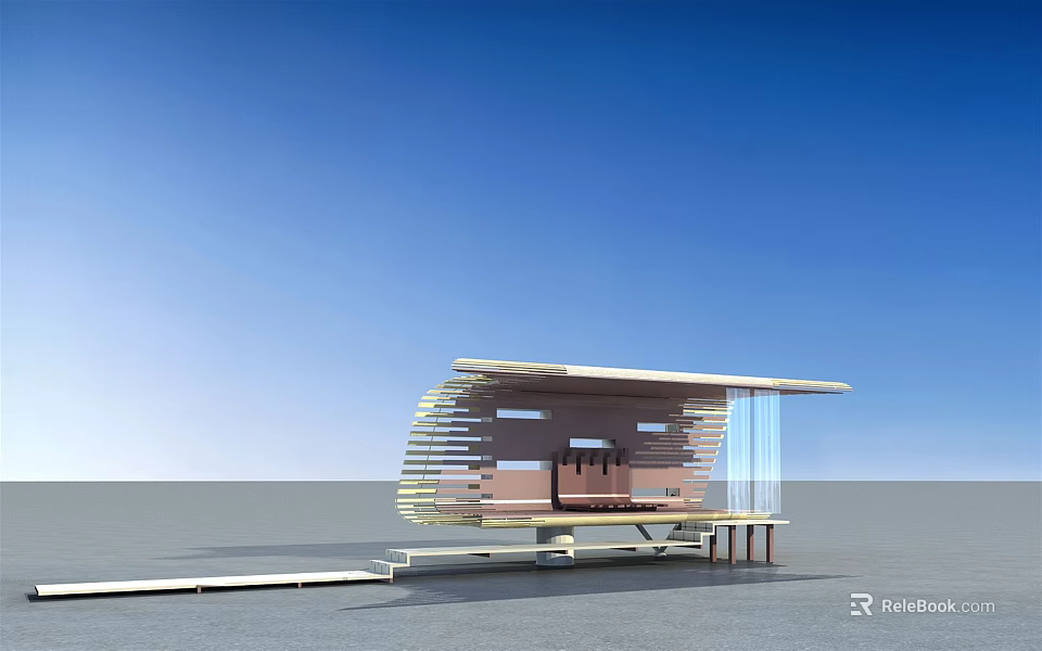 Modern Landscape Pavilion With Curved Roof Wooden Structure And Glass Panels Outdoor Design 3d model 
