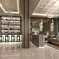 Modern Property Sales Office Interior Design With Elegant Reception Desk Luxury Sofa Area And Chandelier