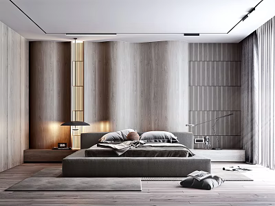 Modern Bedroom Interior With Wooden Panel Walls King Size Bed And Pendant Lighting 3d model