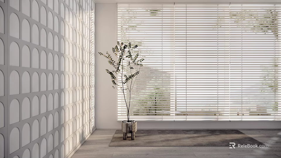 Modern Interior Room With White Window Blinds Natural Light And Potted Plant 3d model 