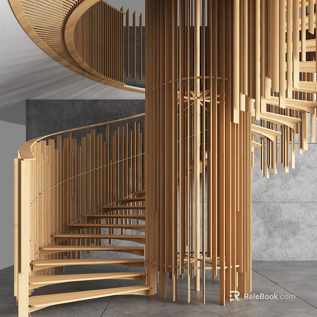 Elegant Modern Wooden Spiral Staircase With Vertical Slats And Cylindrical Structure 3d model 