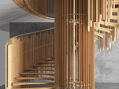 Elegant Modern Wooden Spiral Staircase With Vertical Slats And Cylindrical Structure 3d model