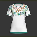 White T Shirt With Colorful Floral Pattern On Collar And Green Trim