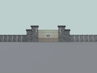 Traditional Stone Building Exterior Wall With Flanking Towers And Central Gate Structure 3d model