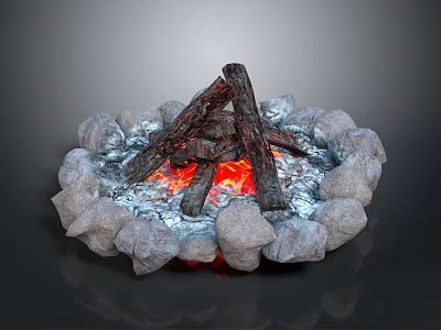 Modern Stone Fire Pit Design With Burning Logs And Red Flames 3d model