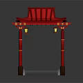 Red Chinese Entrance Gate Featuring Traditional Roof Hanging Lanterns Yellow Accented Pillars And Stone Steps