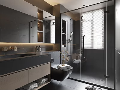 Modern Bathroom Interior Design With Dark Tiles Large Mirror Glass Shower And Window Blinds 3d model