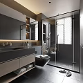 Modern Bathroom Interior Design With Dark Tiles Large Mirror Glass Shower And Window Blinds