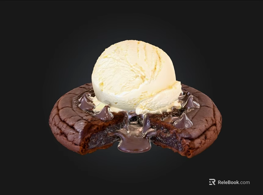 Warm Chocolate Brownie Topped with Vanilla Ice Cream and Chocolate Sauce 3d model 