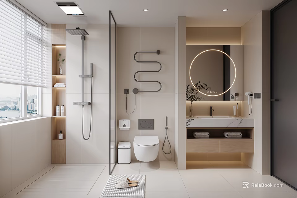 Modern Bathroom Interior Design Featuring Shower Area Round Mirror White Toilet And Storage Cabinets 3d model 