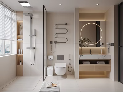 Modern Bathroom Interior Design Featuring Shower Area Round Mirror White Toilet And Storage Cabinets 3d model
