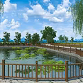 Scenic View of Pond with Lotus Leaves Wooden Railing and Weeping Willows Under Blue Sky