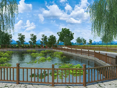 Scenic View of Pond with Lotus Leaves Wooden Railing and Weeping Willows Under Blue Sky 3d model