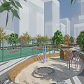 Urban Park Landscape With Colorful Children's Playground Striped Pavement And Trees Against Modern Buildings Background
