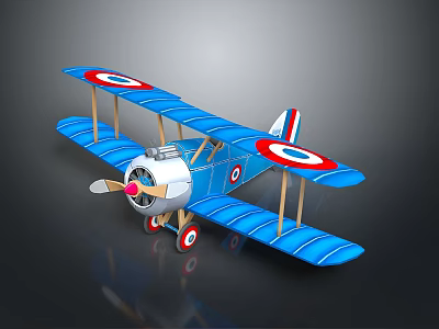 Vintage Blue Biplane Model With Red White Round Insignia And Retro Design 3d model