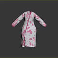 White Long Loose Fit Robe Featuring Pink Floral Patterns And Pink Trim Details
