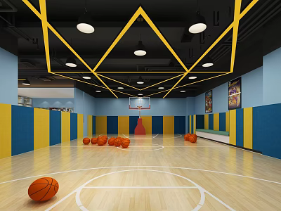 Indoor Basketball Court Interior With Wooden Floor Yellow Blue Walls Ceiling Lights And Basketballs 3d model