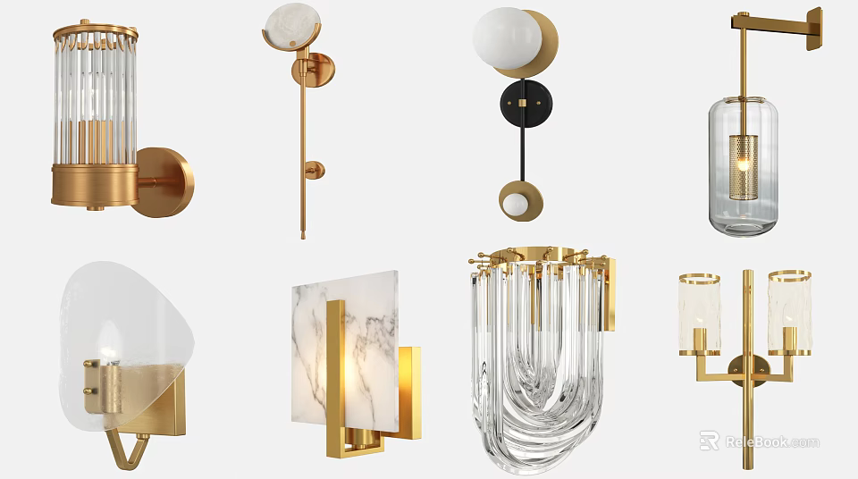 Various Modern Wall Lamps With Gold Accents Glass Shades And Marble Details 3d model 