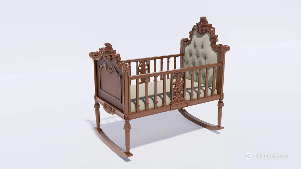 Classic Wooden Baby Crib With Carved Details Upholstered Headboard And Rocking Base 3d model 
