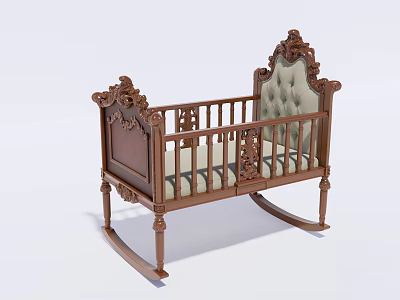 Classic Wooden Baby Crib With Carved Details Upholstered Headboard And Rocking Base 3d model