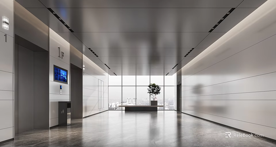 Modern Elevator Hallway Design With Large Windows Ceiling Lights And Indoor Plant 3d model