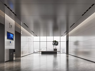 Modern Elevator Hallway Design With Large Windows Ceiling Lights And Indoor Plant 3d model