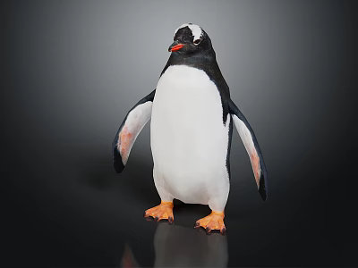 Penguin With Black And White Feathers Orange Beak Feet Standing On Black Background Showing Reflection 3d model