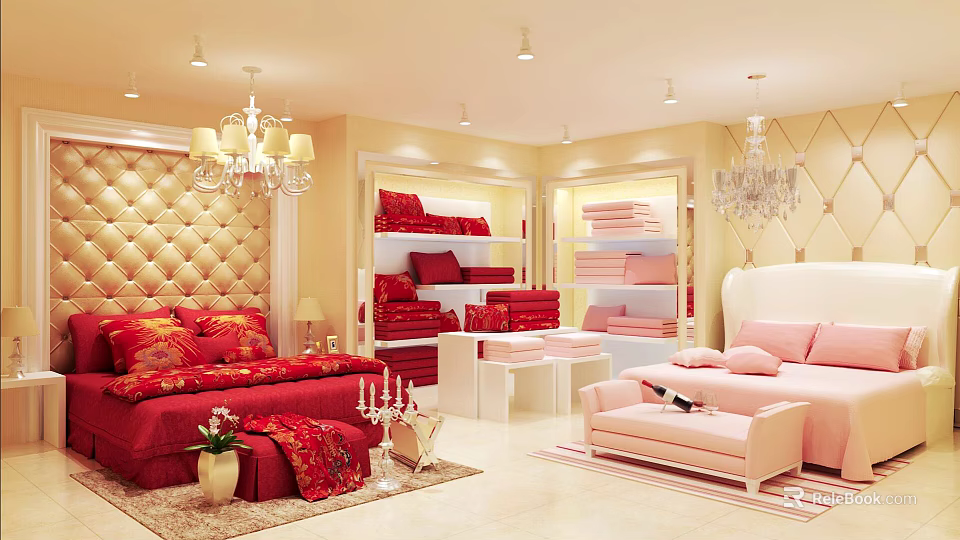 Red Themed Bedding Store Featuring Bedroom Linens Display With Chandelier And Ottoman 3d model 