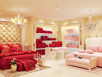 Red Themed Bedding Store Featuring Bedroom Linens Display With Chandelier And Ottoman 3d model
