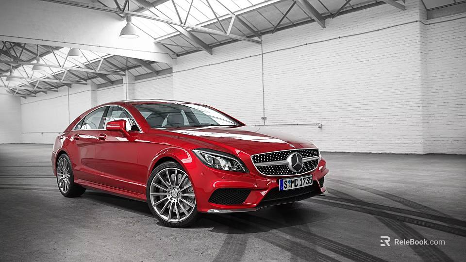 Red Mercedes-Benz Sedan Parked In Spacious Indoor Garage With Tire Tracks On Floor 3d model 