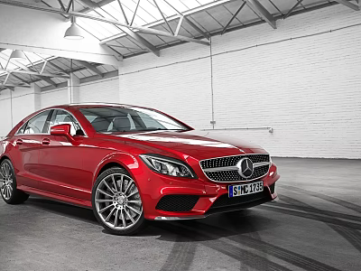 Red Mercedes-Benz Sedan Parked In Spacious Indoor Garage With Tire Tracks On Floor 3d model