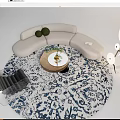Modern Curved Light Sofa and Coffee Table Set with Wooden Round Table Blue White Rug