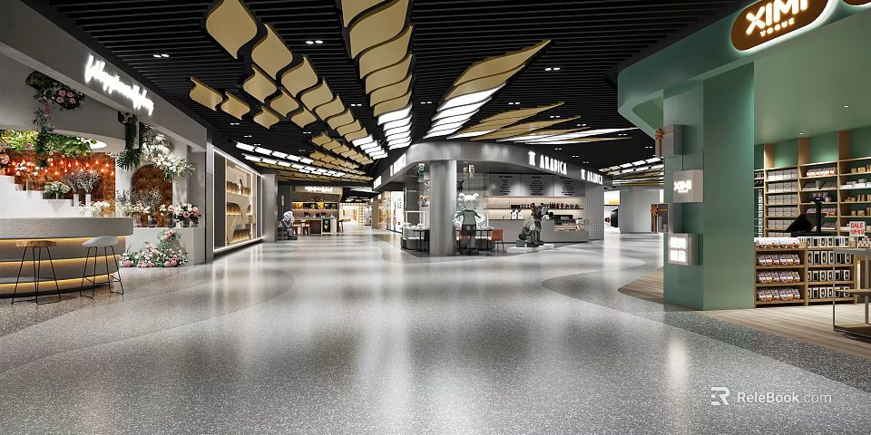 Spacious Modern Shopping Mall Lobby With Unique Ceiling Decor And Polished Floor 3d model 