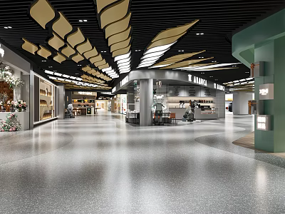 Spacious Modern Shopping Mall Lobby With Unique Ceiling Decor And Polished Floor 3d model