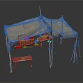 Traditional Rustic Tent Structure With Canvas Cover Wooden Poles Bench And Crates