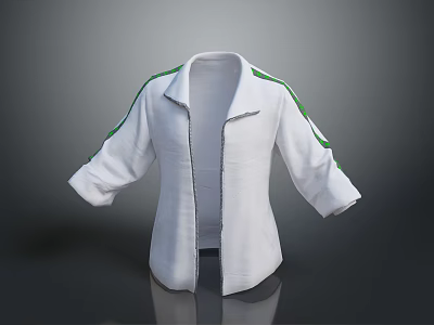 Stylish Casual White Jacket With Open Front And Green Stripes On Sleeves And Collar 3d model