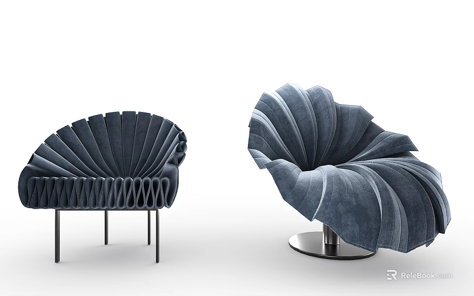 Modern Single Chair With Fan Shaped Pleated Navy Blue Fabric And Metal Base 3d model 