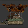 Cartoon Scene With Red Maple Trees Small Cabin Green Grass Blue Stream And Rocks