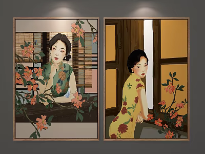 Chinese Figure Paintings Of Women In Qipao With Floral Elements And Window Background 3d model